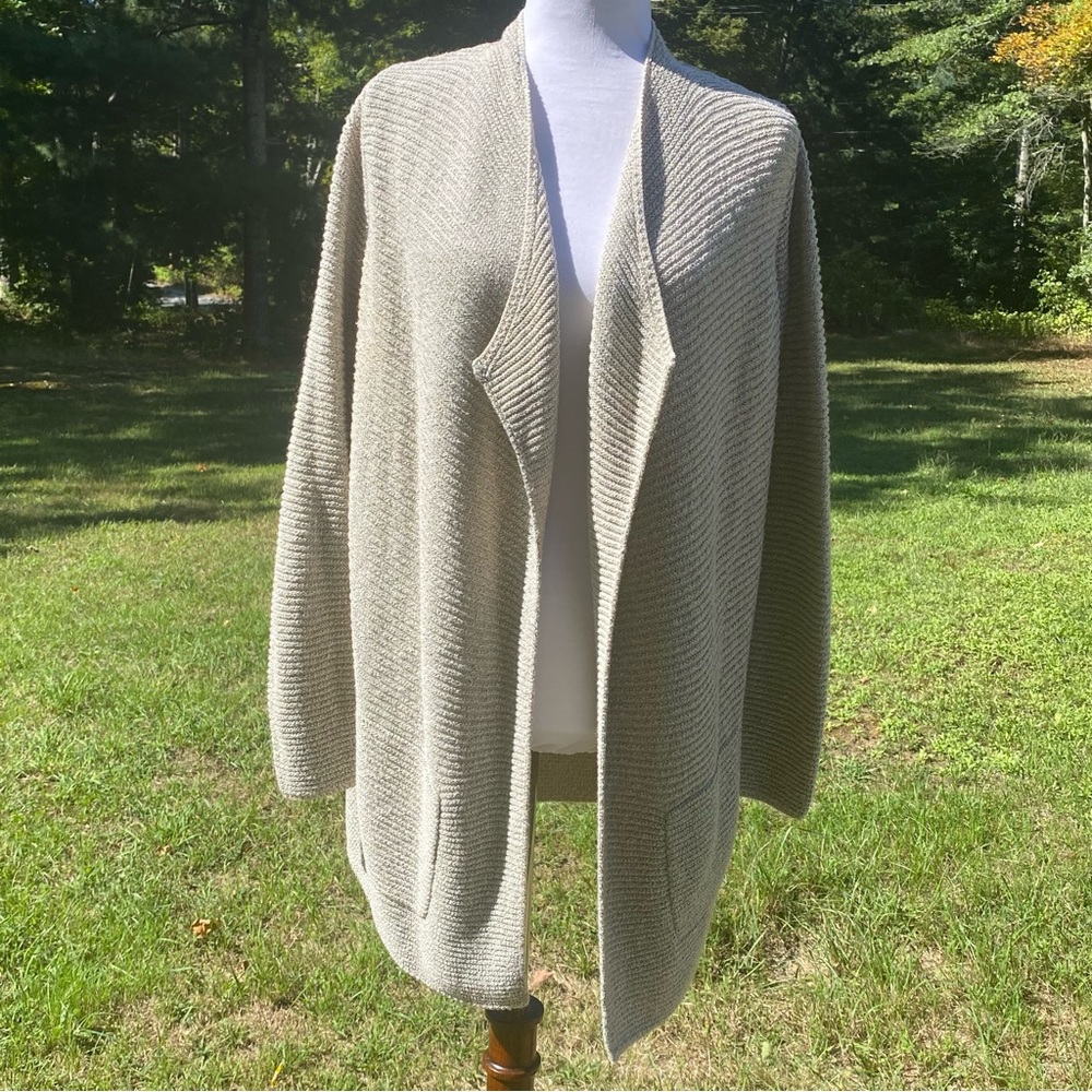 PURE JILL J. JILL SWEATER CARDIGAN TAN BLACK MARLED RIBBED LONG SLEEVE Size S